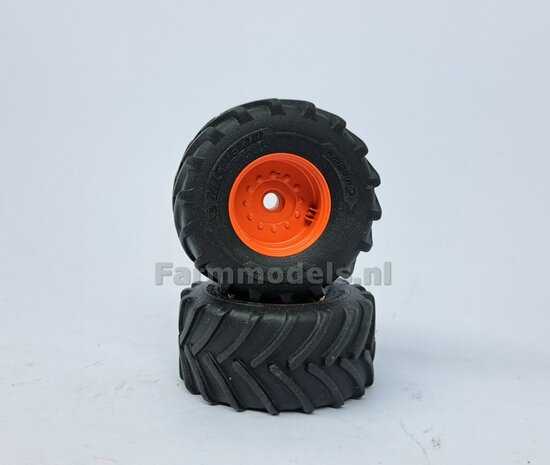 &Oslash; 54.8 x 25.8 mm: CLAAS 960 TT: 2x Michelin Axiobib2 Banden + Resin Velgen CLAAS ORANJE Gespoten 1:32 Farmmodels Premium Line Series 