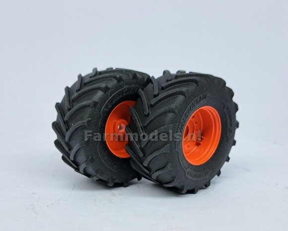 &Oslash; 54.8 x 25.8 mm: CLAAS 960 TT: 2x Michelin Axiobib2 Banden + Resin Velgen CLAAS ORANJE Gespoten 1:32 Farmmodels Premium Line Series 