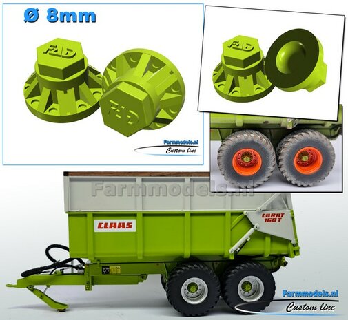 2x FAD Naafdop &Oslash; 8mm  Resin CLAAS GROEN gespoten geleverd  1:32  Farmmodels 