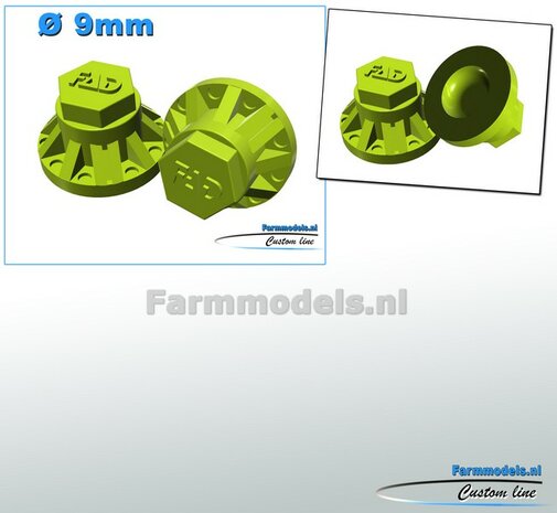 2x FAD Naafdop &Oslash; 9mm  Resin CLAAS GROEN gespoten geleverd  1:32  Farmmodels 