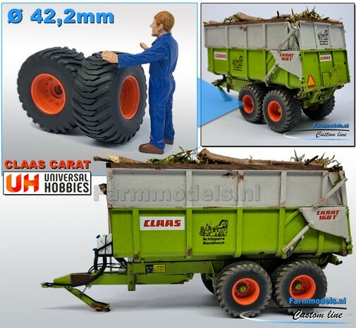 &Oslash; 42.2 mm: CLAAS CARAT 160T: 2x Trelleborg Banden &quot;NORMAL&quot;  met Resin Velgen CLAAS ORANJE Gespoten geleverd  1:32   Farmmodels Custom Line Series  