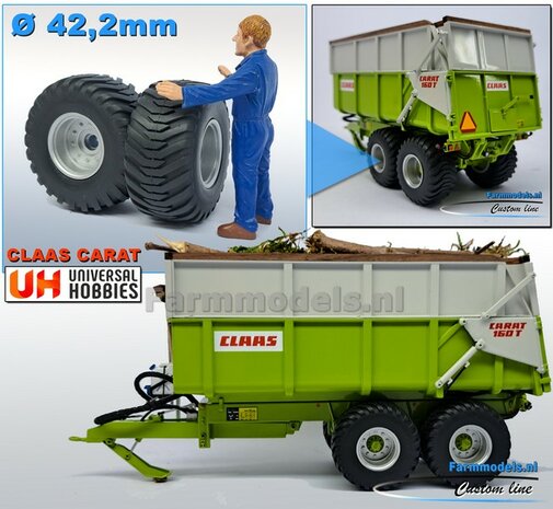 &Oslash; 42.2 mm: CLAAS CARAT 160T: 2x Trelleborg Banden &quot;NORMAL&quot;  met Resin Velgen ALUMINIUM METALIC Gespoten geleverd  1:32   Farmmodels Custom Line Series  
