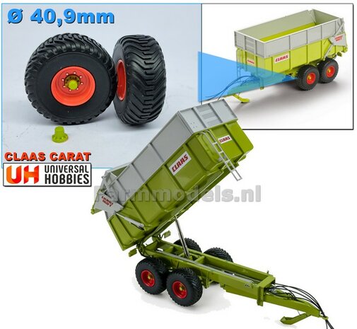 &Oslash; 40.9 mm: 2x CLAAS CARAT Transportbanden + 2x velg CLAAS ORANJE  + 2x EINDVERTRAGING CLAAS GROEN Origineel item 1:32         
