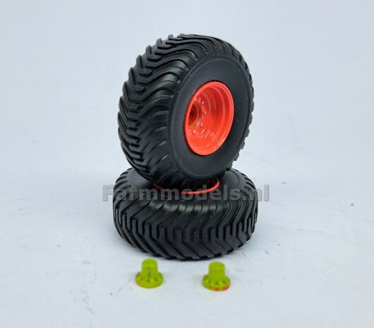 &Oslash; 40.9 mm: 2x CLAAS CARAT Transportbanden + 2x velg CLAAS ORANJE  + 2x EINDVERTRAGING CLAAS GROEN Origineel item 1:32         