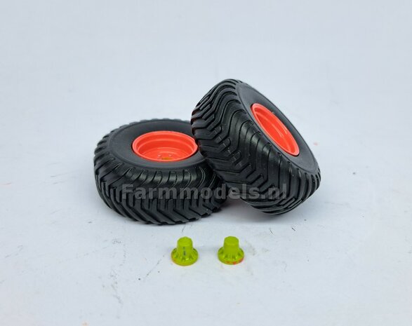 &Oslash; 40.9 mm: 2x CLAAS CARAT Transportbanden + 2x velg CLAAS ORANJE  + 2x EINDVERTRAGING CLAAS GROEN Origineel item 1:32         