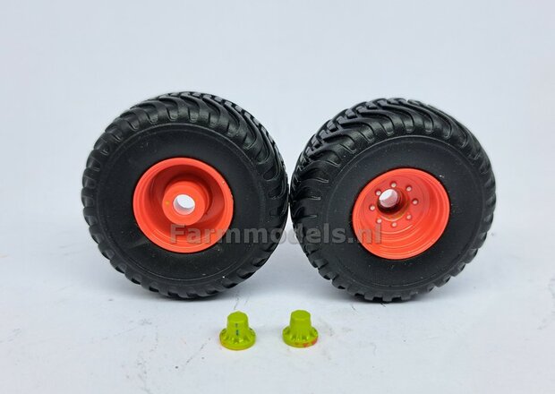 &Oslash; 40.9 mm: 2x CLAAS CARAT Transportbanden + 2x velg CLAAS ORANJE  + 2x EINDVERTRAGING CLAAS GROEN Origineel item 1:32         