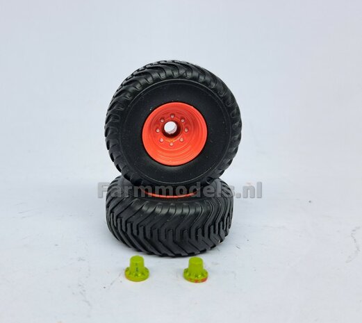 &Oslash; 40.9 mm: 2x CLAAS CARAT Transportbanden + 2x velg CLAAS ORANJE  + 2x EINDVERTRAGING CLAAS GROEN Origineel item 1:32         