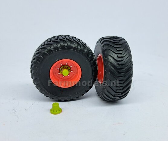 &Oslash; 40.9 mm: 2x CLAAS CARAT Transportbanden + 2x velg CLAAS ORANJE  + 2x EINDVERTRAGING CLAAS GROEN Origineel item 1:32         