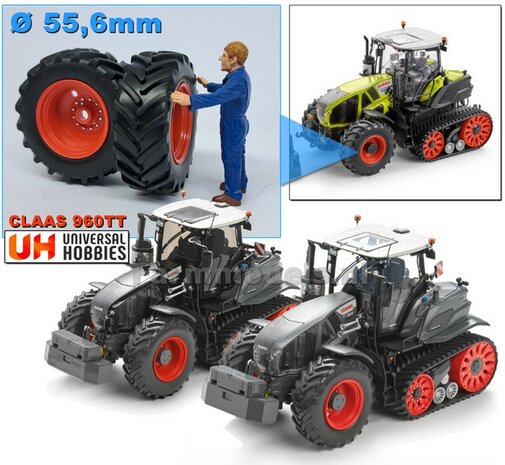 &Oslash; 55.6 x 21mm: 2x Banden + Velgen CLAAS ORANJE, Origineel afkomstig van de CLAAS 960 TT  1:32  