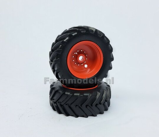 &Oslash; 55.6 x 21mm: 2x Banden + Velgen CLAAS ORANJE, Origineel afkomstig van de CLAAS 960 TT  1:32  
