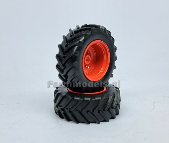 &Oslash; 55.6 x 21mm: 2x Banden + Velgen CLAAS ORANJE, Origineel afkomstig van de CLAAS 960 TT  1:32  