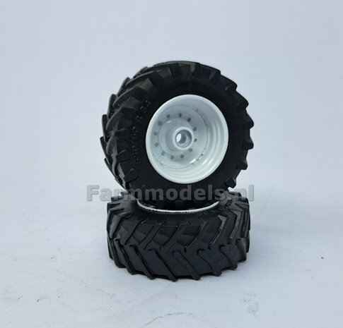 &Oslash; 52.2 mm: 2x Trelleborg 650/60 R34 vooras banden MET WITTE VELGEN  1:32 Universele set 