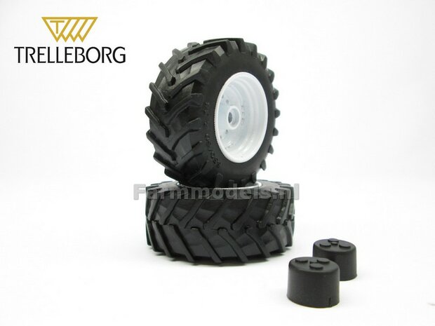 &Oslash; 52.2 mm: 2x Trelleborg 650/60 R34 vooras banden MET WITTE VELGEN  1:32 Universele set 