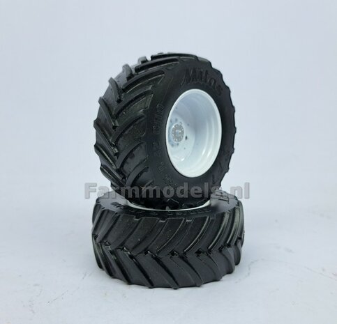 &Oslash; 65.6 x 27.7 mm: 2x Mitas 900/60 R42 bandenset  met NH WITTE VELGEN 1:32