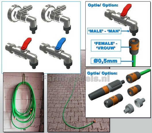 4x WATERKRAANTJES Materiaal Resin Gespoten in CHROOM, HENDELS in ROOD/ BLAUW + ZWART KOPPELSTUK, geschikt voor &Oslash; 0.5 mm Tuinslang &amp; hulpstukken 1:32         