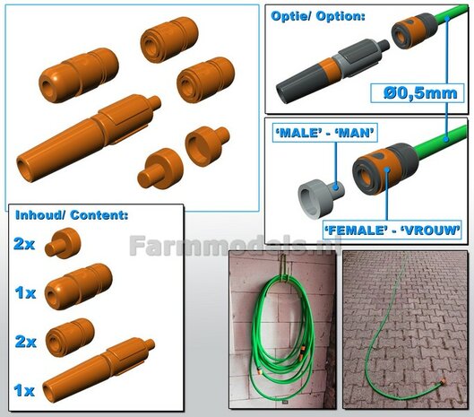 TUINSLANG SET:  1x Mondstuk, 2x Koppelstuk slang, 1x verlengstuk, 2x aansluiting kraan/ hogedrukspuit. Past aan tuinslang &Oslash; 0.5 mm ORANJE Gespoten geleverd 1:32