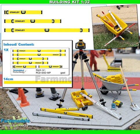 BOUWKIT: 3x GELE STANLEY MONOLOGE WATERPASSEN: Pr&eacute;-Cut Decal stickerset + POLYSTYREEN STRIP GEEL Gespoten geleverd   Farmmodels  1:32                