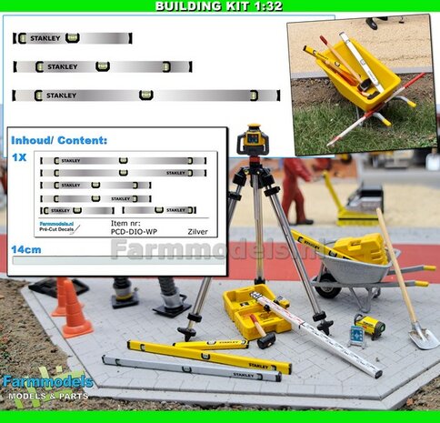 BOUWKIT: 3x ALUMINIUM STANLEY MONOLOGE WATERPASSEN: Pr&eacute;-Cut Decal stickerset + POLYSTYREEN STRIP BLANK geleverd   Farmmodels  1:32                