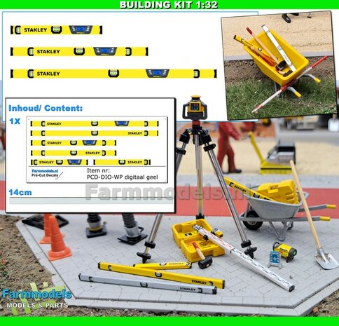 BOUWKIT: 3x GELE STANLEY DIGITALE WATERPASSEN: Pr&eacute;-Cut Decal stickerset + POLYSTYREEN STRIP BLANK geleverd   Farmmodels  1:32                