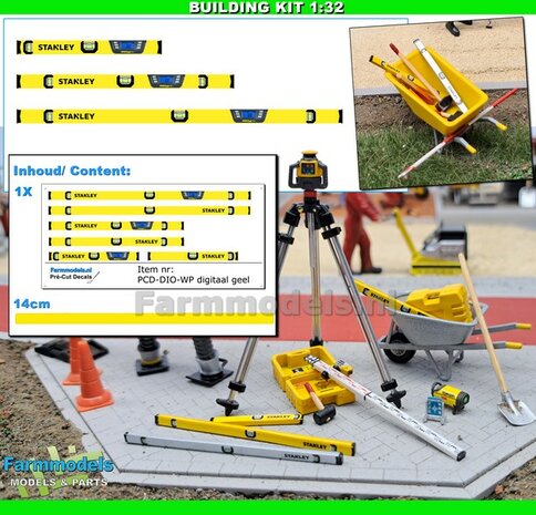 BOUWKIT: 3x GELE STANLEY DIGITALE WATERPASSEN: Pr&eacute;-Cut Decal stickerset + POLYSTYREEN STRIP GEEL Gespoten geleverd   Farmmodels  1:32                