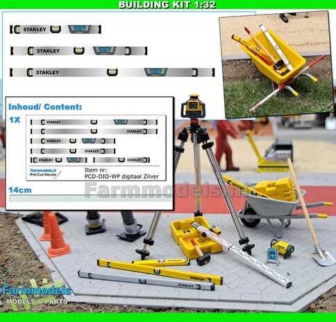 BOUWKIT: 3x ALUMINIUM STANLEY DIGITALE WATERPASSEN: Pr&eacute;-Cut Decal stickerset + POLYSTYREEN STRIP BLANK geleverd   Farmmodels  1:32                