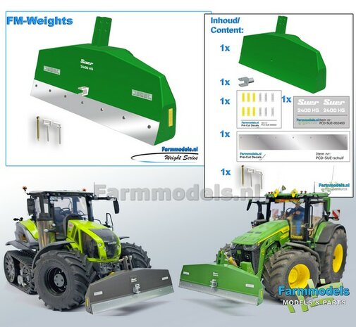 BOUWKIT: SUER 2400kg SCHUIFGEWICHT  85.5mm breed. Resin JOHN DEERE GROEN GESPOTEN + Kunststof Trekhaak ALUMINIUM Gespoten + diverse stickers o.a. SLIJTPLAAT + 2x pinnen 1:32