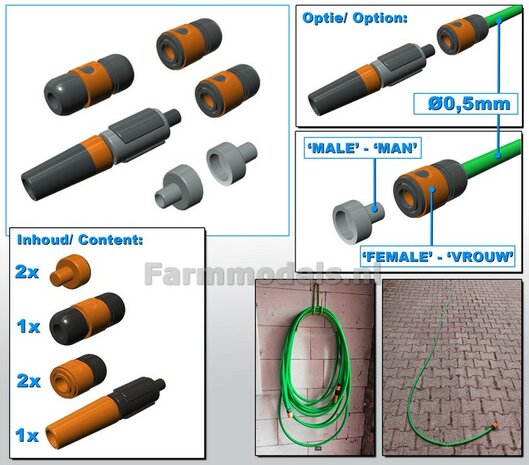 TUINSLANG SET:  1x Mondstuk, 2x Koppelstuk slang, 1x verlengstuk, 2x aansluiting kraan/ hogedrukspuit. Past aan tuinslang &Oslash; 0.5 mm ORANJE-ZWART Gespoten geleverd 1:32