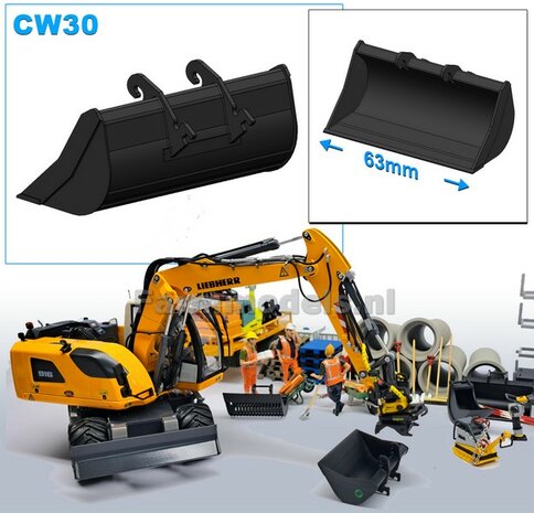 Slotenbak 63 mm breed Resin ZWART MATT Gespoten geleverd t.b.v. CW30 KOPPELING (o.a. Engcon draaikantelstuk met CW30 koppeling) 1:32  