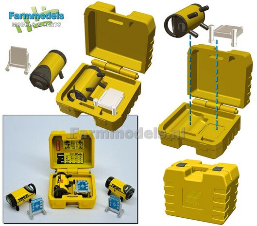 TOPCON KOFFER t.b.v. plaatsing TOPCON TP-L6G Rioollaser set (Laser + Targetschild) Materiaal Resin TOPCON GEEL MATT geleverd +  Pr&eacute;-Cut Decal stickerset Farmmodels  1:32                
