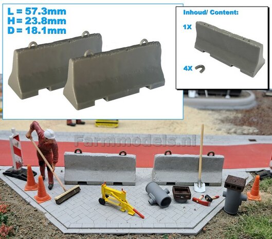 2x (BETONNEN) BARRIERS &quot;USED LOOK&quot; + 4x OPHANGOGEN Materiaal RESIN, BLANK Geleverd  1:32    