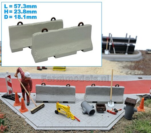 2x (BETONNEN) BARRIERS &quot;USED LOOK&quot; inclusief 4x OPHANG OGEN Materiaal RESIN, BETONLOOK CONCRETE Gespoten + OPHANG OGEN &quot;ROEST&quot; geleverd  1:32    