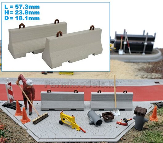 2x (BETONNEN) BARRIERS &quot;NEW LOOK&quot; + 4x OPHANGOGEN Materiaal Kunststof, BETONLOOK Gespoten + OGEN &quot;ROEST&quot; geschilderd geleverd  1:32    