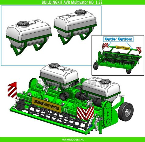 BOUWKIT: 2x VLOEISTOF TANKS met MONTAGE FRAMES t.b.v. AVR MULTIVATOR HD frontfrees  LET OP: BLANK geleverd, zelf in kleur zetten 1:32  LEVERBAAR BEGIN NOVEMBER 2025