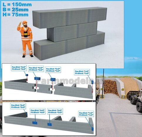 WAND MODULAIR STAPELBLOKKEN RECHTE VOORKANTEN VLAKKE BOVENKANT Afmeting: 150 x 25 x 75mm   Materiaal GRIJS KUNSTSTOF, BLANK Geleverd  1:32    