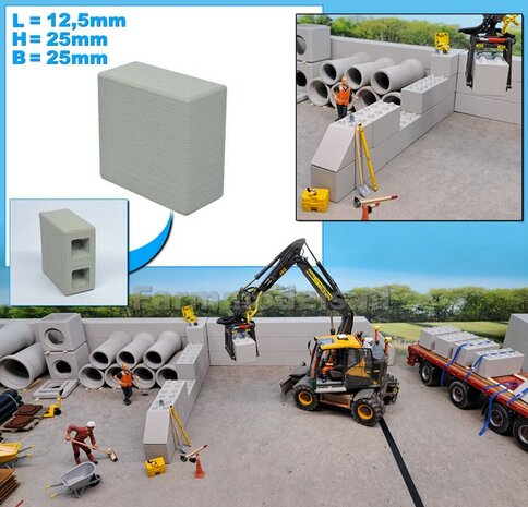 1x STAPELBLOK 1x2 VLAK   Afmeting blok: 12.5 x 25 x 25mm   Materiaal GRIJS KUNSTSTOF, CONCRETE BETONLOOK Gespoten geleverd  1:32    