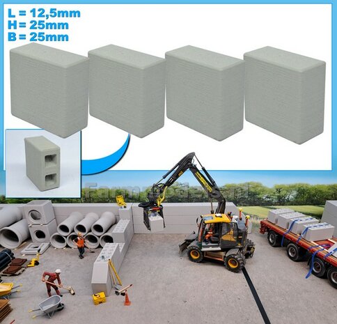 4x STAPELBLOK 1x2 VLAK   Afmeting blok: 12.5 x 25 x 25mm   Materiaal GRIJS KUNSTSTOF, CONCRETE BETONLOOK Gespoten geleverd  1:32    
