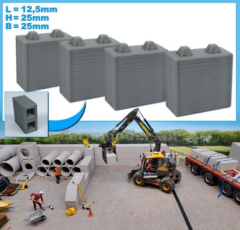 4x STAPELBLOK 1x2 NOKKEN   Afmeting blok: 12.5 x 25 x 25mm   Materiaal GRIJS KUNSTSTOF, BLANK Geleverd  1:32    