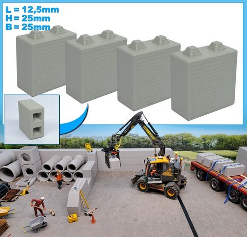 4x STAPELBLOK 1x2 NOKKEN   Afmeting blok: 12.5 x 25 x 25mm   Materiaal GRIJS KUNSTSTOF, CONCRETE BETONLOOK Gespoten geleverd  1:32    