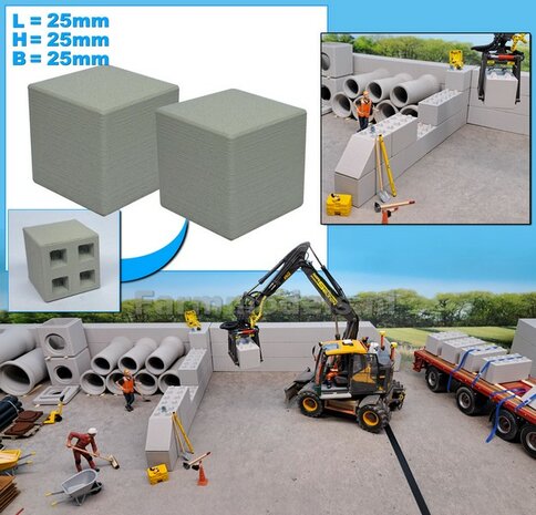 2x STAPELBLOK 2x2 VLAK   Afmeting blok: 25 x 25 x 25mm   Materiaal GRIJS KUNSTSTOF, CONCRETE BETONLOOK Gespoten geleverd  1:32    