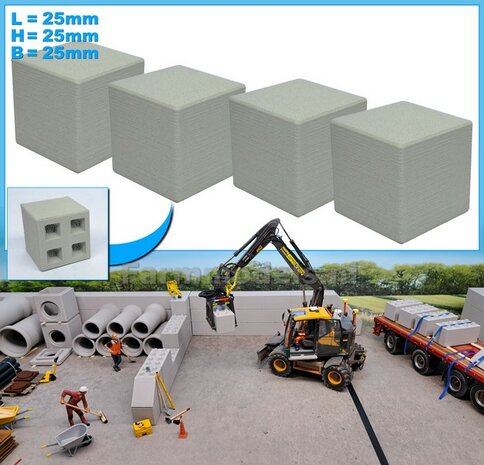 4x STAPELBLOK 2x2 VLAK   Afmeting blok: 25 x 25 x 25mm   Materiaal GRIJS KUNSTSTOF, CONCRETE BETONLOOK Gespoten geleverd  1:32    