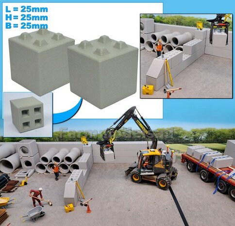 2x STAPELBLOK 2x2  NOKKEN   Afmeting blok: 25 x 25 x 25mm   Materiaal GRIJS KUNSTSTOF, CONCRETE BETONLOOK Gespoten geleverd  1:32    