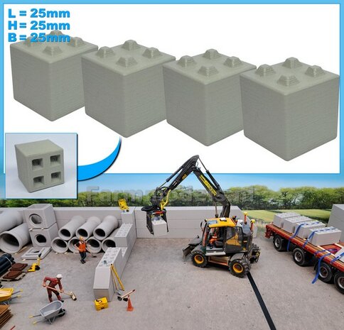 4x STAPELBLOK 2x2  NOKKEN   Afmeting blok: 25 x 25 x 25mm   Materiaal GRIJS KUNSTSTOF, CONCRETE BETONLOOK Gespoten geleverd  1:32    