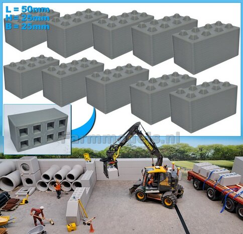 10x STAPELBLOK 4x2 NOKKEN  Afmeting blok: 50 x 25 x 25mm   Materiaal GRIJS KUNSTSTOF, BLANK Geleverd  1:32    