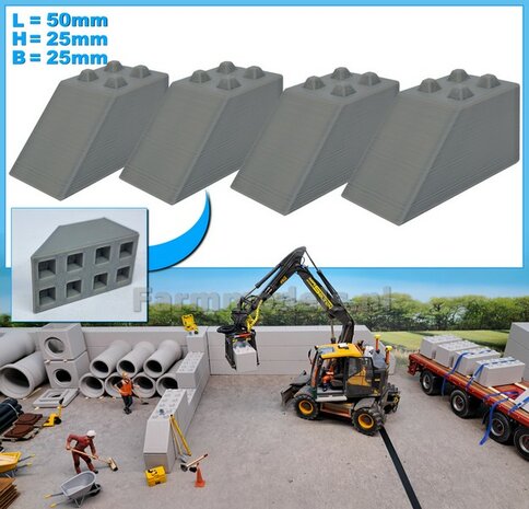 4x STAPELBLOK 4x2 NOKKEN/ SCHUINE VOORKANT  Afmeting blok: 50 x 25 x 25mm   Materiaal GRIJS KUNSTSTOF, BLANK Geleverd  1:32    
