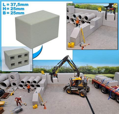 1x STAPELBLOK 3x2 VLAK   Afmeting blok: 37.5 x 25 x 25mm   Materiaal GRIJS KUNSTSTOF, CONCRETE BETONLOOK Gespoten geleverd  1:32    