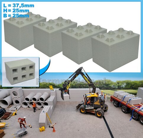 4x STAPELBLOK 3x2 NOKKEN   Afmeting blok: 37.5 x 25 x 25mm   Materiaal GRIJS KUNSTSTOF, CONCRETE BETONLOOK Gespoten geleverd  1:32    