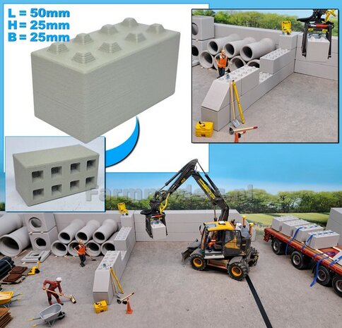 1x STAPELBLOK 4x2 NOKKEN   Afmeting blok: 50 x 25 x 25mm   Materiaal GRIJS KUNSTSTOF, CONCRETE BETONLOOK Gespoten geleverd  1:32    