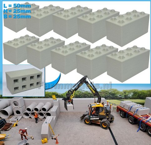 10x STAPELBLOK 4x2 NOKKEN   Afmeting blok: 50 x 25 x 25mm   Materiaal GRIJS KUNSTSTOF, CONCRETE BETONLOOK Gespoten geleverd  1:32    