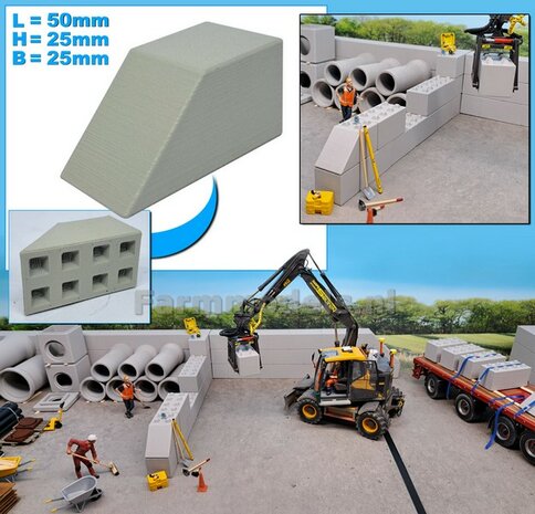 1x STAPELBLOK 4x2 VLAK/ SCHUINE KANT  Afmeting blok: 50 x 25 x 25mm   Materiaal GRIJS KUNSTSTOF, CONCRETE BETONLOOK Gespoten geleverd  1:32    