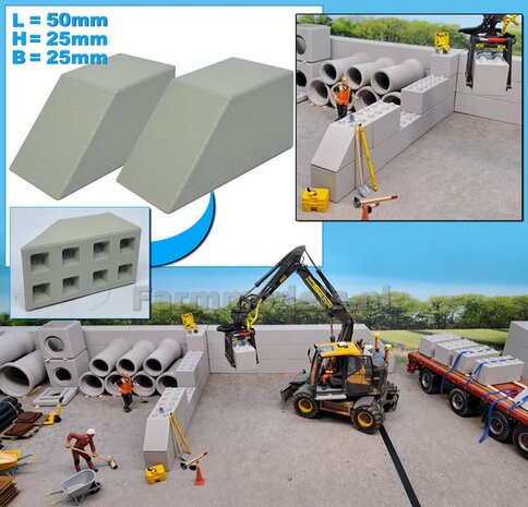 2x STAPELBLOK 4x2 VLAK/ SCHUINE KANT  Afmeting blok: 50 x 25 x 25mm   Materiaal GRIJS KUNSTSTOF, CONCRETE BETONLOOK Gespoten geleverd  1:32    